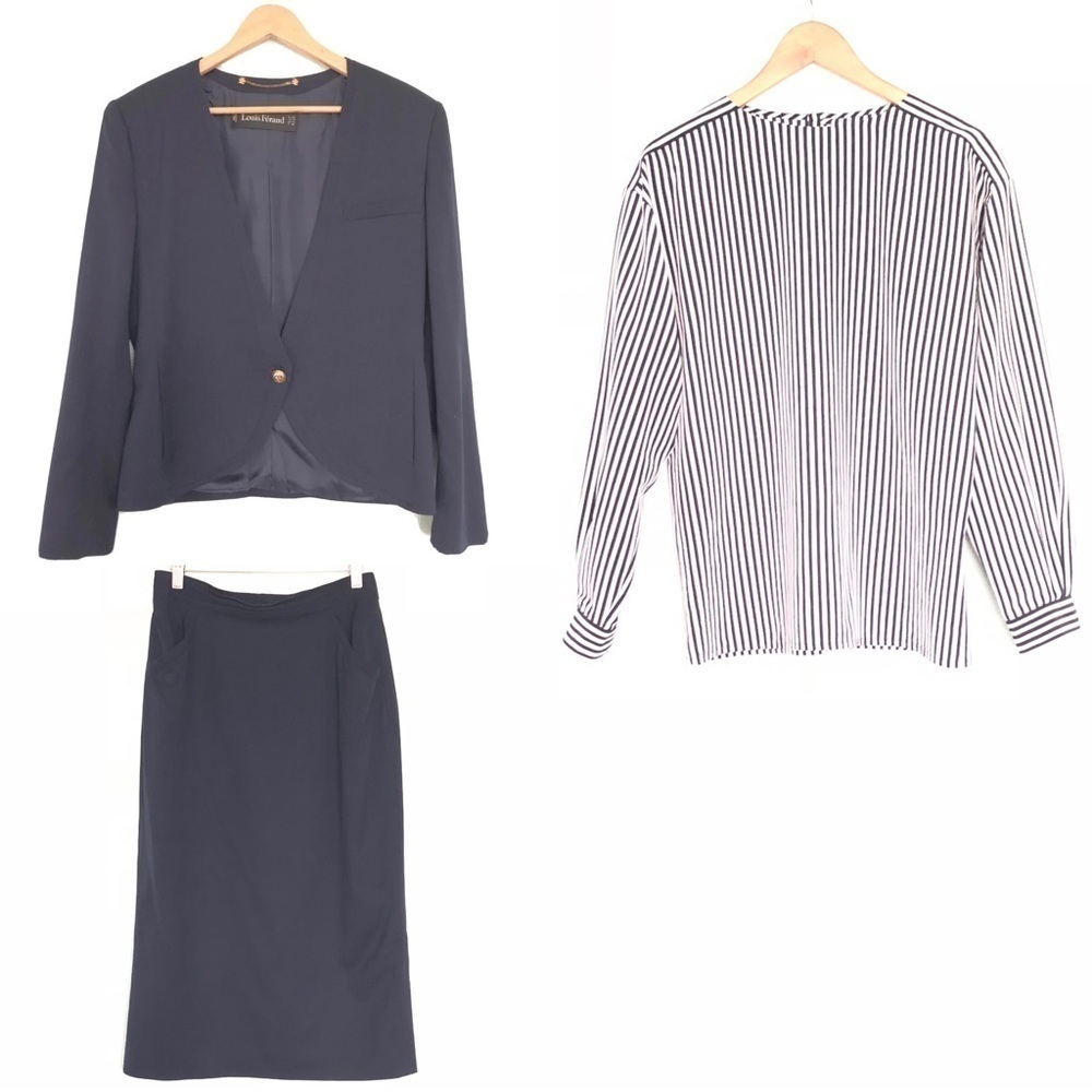 Louis Feraud 3-pc Suit Jacket Skirt Long Sleeve Top Navy Blue White Women's 10